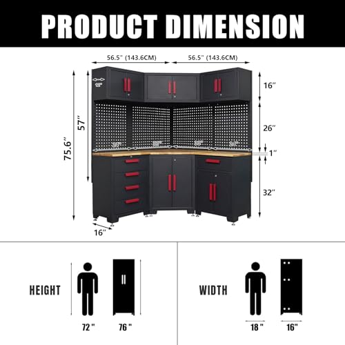Tsnritor Corner Workshop Set,10Pcs Garage Cabinets and Storage System with Corner Cabinet, Cabinet Drawers, Workbench, Pegboard for Tool Organization, Red Handle