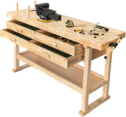 Olympia Tools 64.5” Rubber Hardwood Workbench with 4-Drawers & Clamp, 450 lb Capacity – Heavy-Duty Woodworking Storage, Tools Organizer, and Craftsman Standing Station Table for Workshop