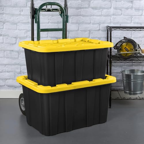Alvanhqw 27 Gallon Plastic Storage Container with Snap-On Lid, Heavy-Duty Industrial Tote, Black and Yellow, 28.5x19.6x15.5 Inches, 6 Pack (6, Black/Yellow)