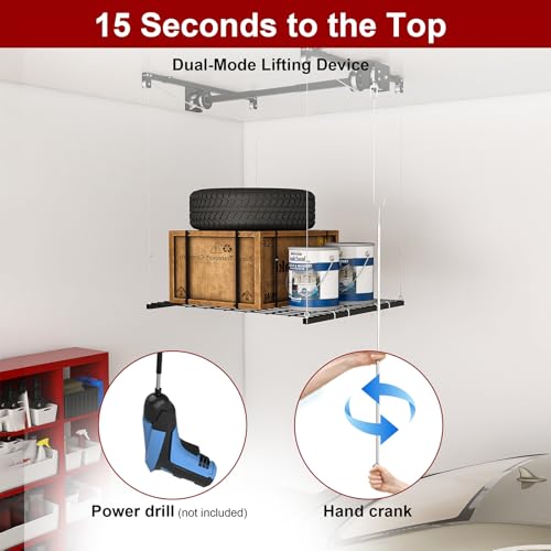 S.Walt Hanging Garage Ceiling Storage Racks, Adjustable Overhead Garage Storage Lift, Mounted 44 ft Heavy-Duty Steel Platform for High Ceilings 1012 ft, Supports 250 lbs for Everyday Use