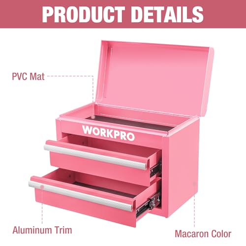 WORKPRO Metal Mini Tool Box, Top Tool Chest containing Two Drawers with Ball Bearing Slides, PVC Drawer Liners and PP Feet Pads, Cold Rolled Steel Small Toolbox for Multi-Purpose Storage - Pink Ribbon