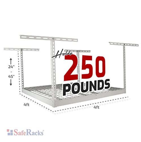 SafeRacks Overhead Garage Storage Rack - Heavy Duty Racks for Garage with 250 lb Capacity, Easy Garage Shelving, Adjustable Storage Rack, Ceiling Mount Storage Shelves 4x4 White (24"-45")