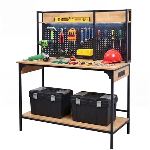 Northsky Workbench with LED Light & Power Strip, 48'' Heavy Duty Garage Work Bench with Storage, Pegboard, USB & Type-C Ports, Tool Table for Workshop, Garage, Studio, Warehouse, 3D Printer Table
