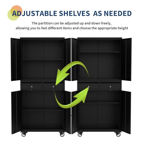 GarveeHome 72" Metal Storage Cabinet with Wheels, Locking Doors & 2 Drawers,Heavy Duty Rolling Garage Organizer with 2 Adjustable Shelves (with Wheels, with 2 Draws)