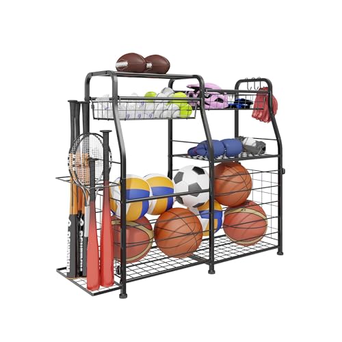LUMAMU Small Garage Organizer - Sports Equipment Organizer Rack, Ball Storage Rack, Garage Organizer System for Sports Gear and Toys, Indoor/Outdoor Ball and Toy storage, Black