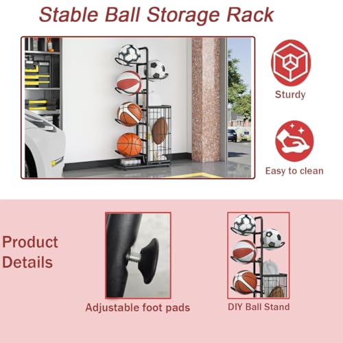 INGIORDAR Basketball Ball Storage Rack Freestanding Organizer Sport Equipment Garage Stand 6 Tier for Football Volleyball Soccer Indoor Outdoor, Black