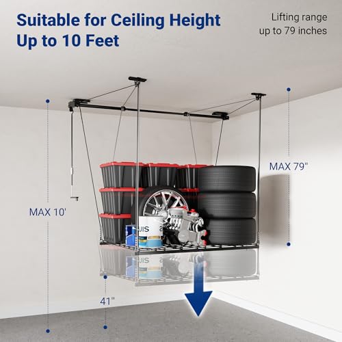 FLEXIMOUNTS Garage Ceiling Lifting Storage Rack, 4x4 Ft Heavy-Duty Metal Frame, Overhead Storage System With 350lbs Load Capacity, Matt Black
