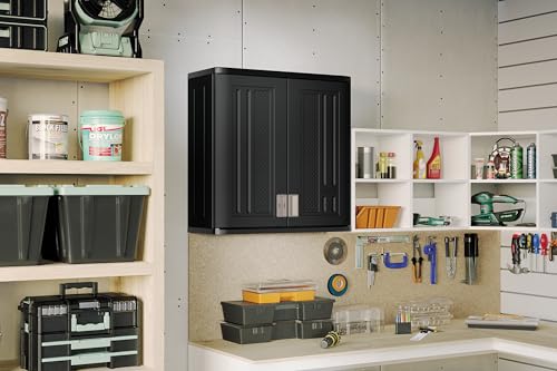 Suncast Wall Storage Cabinet for Garage Organization - 4 Cu. Ft. Wall Mounted Garage Cabinet with Shelf for Garden Supplies, Paint Cans & Outdoor Tools, Multi-Wall Resin Construction, Black