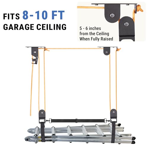 RoakyRoasy Ladder Hoist for Garage Ceiling with Metal Pulley System Holds 150 lbs, 5.5" Low-profile Self Locking Storage Lift, Parallel or Perpendicular Mounted