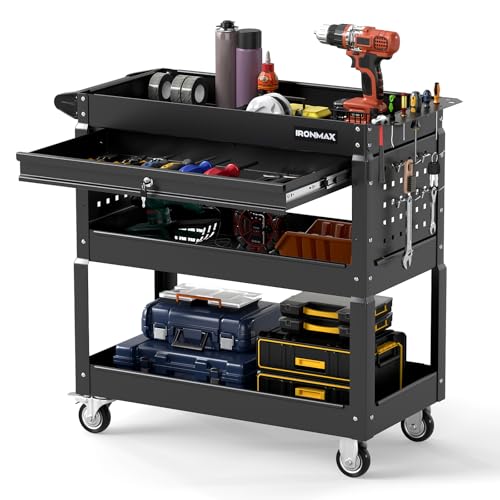 Goplus 3 Tier Rolling Tool Cart with Lockable Drawer, Heavy Duty Metal Utility Cart on Wheels with Pegboards & Hooks, Mechanic Tool Storage Organizer for Garage, Warehouse & Workshop (Black)