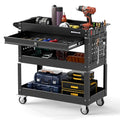 Goplus 3 Tier Rolling Tool Cart with Lockable Drawer, Heavy Duty Metal Utility Cart on Wheels with Pegboards & Hooks, Mechanic Tool Storage Organizer for Garage, Warehouse & Workshop (Black)