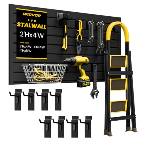 AQOVOR SlatWall Paneling 4x2 FT, PVC Slat Wall Panels with 8 Hooks Heavy-Duty Garage Organization System, Slatwall Pegboard Suitable for Home、Garage、Shop Wall Display & Organization (Black)
