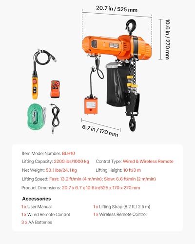 VEVOR 2-Speed Electric Chain Hoist 2200 lbs, G100 10ft Lifting Height, 120V 1-Phase Overhead Crane with 328ft Wireless & 8ft Wired Remote Control, Power Electric Hoist for Factory, Warehouse, Garage
