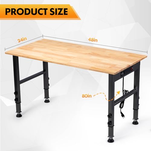 48" Height Adjustable Workbench, 2000 LBS Load Capacity Rubber Wood Top Workstation with Power Outlet and Foot Pads, Heavy-Duty Hardwood Worktable for Garage Workshop (with Foot Pads and Socket,48'')