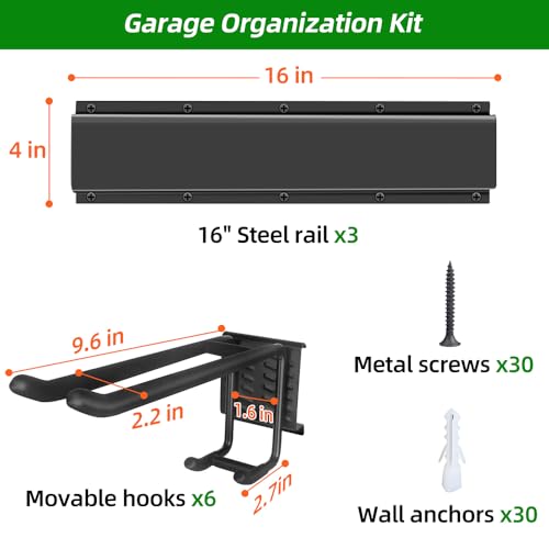 PIYILO Garage Tool Organizer Wall Mount with 48 inches Rails and 6 Double-layer Hooks, Garden Tool Rack Heavy Duty, Garage Hanging Storage Rack For Yard Tools, Shovel, Shed