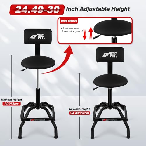 FreekyFit Shop Stool with Backrest, Mechanic Garage Stool for Workshop, Adjustable Shop Stools Chair, Padded Workbench Stools for Men Women, 300 LBS Capacity, 360° Swivel PVC Seat, Heavy Duty, Black