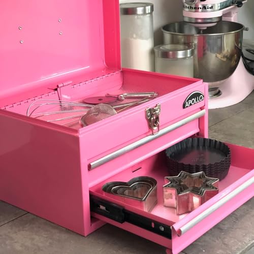 Apollo Tools 14 Inch Steel Tool Box with Deep Top Compartment and 2 Drawers in Heavy-Duty Steel With Ball Bearing Opening and Powder Coated Finish - Pink Ribbon - Pink - DT5010P