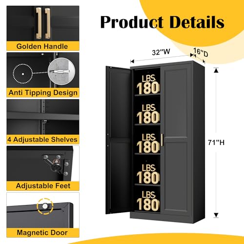 SteeLoong Kitchen Pantry Cabinet,71”Black Metal Pantry Storage Cabinet with Doors and 4 Adjustable Shelves,Kitchen Cabinet with 2 Gold Handles,Tall Cabinet for Livingroom,Pantry, Bathroom