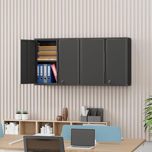 Garage Wall Cabinet, Metal Garage Cabinets with 2 Doors and Adjustable Shelf, Lockable Floating Tool Cabinet with Pegboard, Black Steel Wall Mounted Tool Cabinets for Kitchen,Office,Laundry,Warehouse
