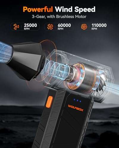 WOLFBOX MegaFlow 50 Compressed Air Duster-110000RPM Super Power Electric Air Duster, 3-Gear Adjustable Mini Blower with Fast Charging, Dust Blower for Computer, Keyboard, House, Outdoor and Car