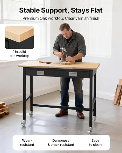 VEVOR 48-inch Workbench, 1500 lbs Load Capacity, Garage Workbench with Drawer Storage & Wheels, Workshop Bench on Wheels, Heavy Duty Oak Wood Top Work Table for Garage, Workshop, Office, and Home