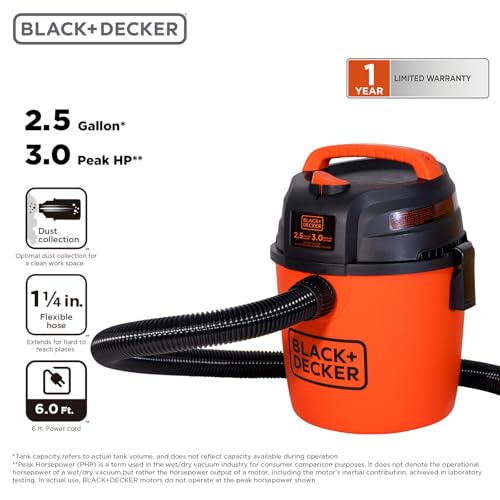 BLACK+DECKER 2.5 Gallon Shop Vac, 3 HP Wet Dry Vacuum with Powerful Suction, Portable for Garage Car and Home Use, Pet Hair Cleaning, Accessories Included, BDXV18134PA