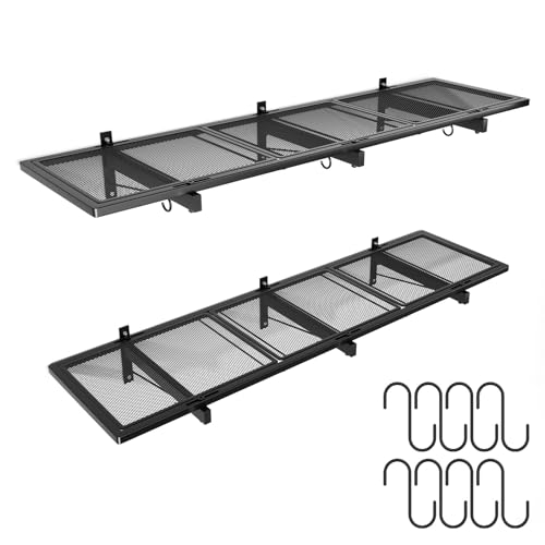 2 Pack Garage Wall Shelving,46"X 12.5" Garage Shelving Wall Mounted,Heavy Duty Garage Storage Rack with 8 Hooks,320 LBS Capacity,Black Metal Floating Organizer Shelves for Laundry,Warehouse (2)