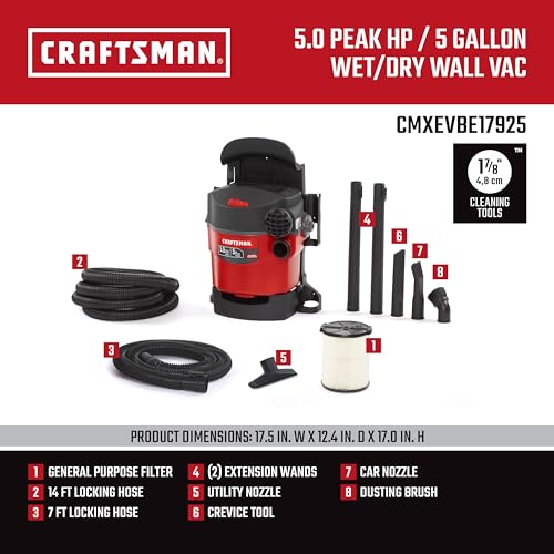 CRAFTSMAN CMXEVBE17925 5 Gallon 5.0 Peak HP Wet Dry Vac, Portable and Wall-Mountable Shop Vacuum with Filter, 2 Hoses and Attachments for Garage and Automotive Cleaning