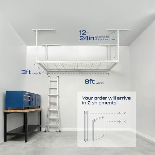 MonsterRax Overhead Garage Storage Racks 3x8’ (2-Pack) Ceiling Mounted Shelving, Adjustable Hanging Organizer, Heavy Duty Steel, Holds 500 Pounds, Color: White, Adjustable from 24"-45" off the Ceiling