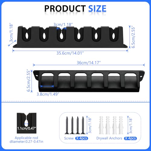 Cooltto Fishing Rod Holders Wall-Mounted 2 Pairs, Simple Deluxe Fishing Pole Holder & Rack Store up to 12 Rods or Combos for Garage & Boat (Vertical, Black)