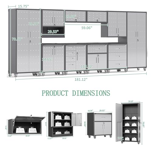 VIYET 10-Piece Heavy Duty Steel Garage Cabinet System | All-in-One Modular Garage Cabinet Set for Ultimate Workshop Organization | Easy Assembly Garage Storage Cabinets & Tool Bench
