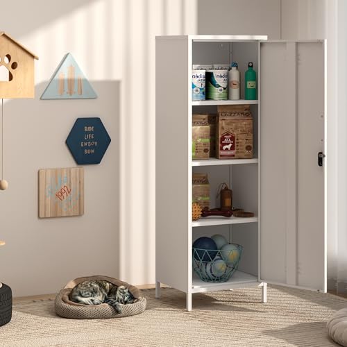 Steehoom Metal Locker Cabinet with Lock, Lockable Steel File Locker with Door and 3 Adjustable Narrow Storage Cabinet Shelves for Living Room, School, Pantry, Garage, Office (White, H59.06'')