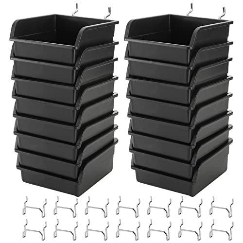 Foraineam 16 Pack Pegboard Bins with Metal Hooks, Black Garage Workbench Bins Cups Peg Board Accessories Kit, Pegboard Tools Organizer for Hardware, Workshop, Craft Room, Tool Shed, Hobby Supplies