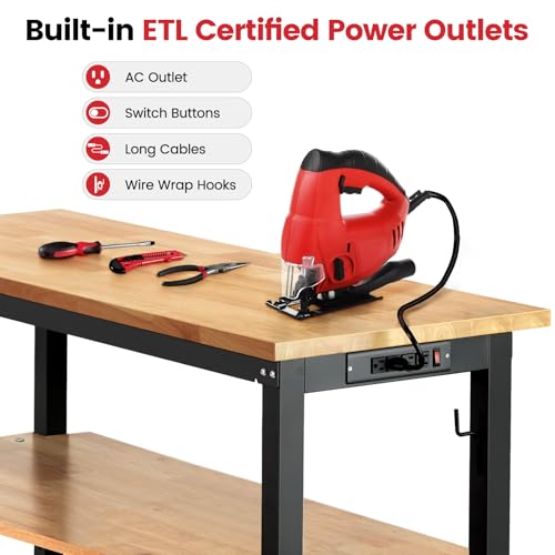 ENJOYWOOD 60" x 22" Adjustable Height Workbench with Under Table Shelf Heavy Duty Rubberwood Top Work Table for Garage, Workshop, Office & Home