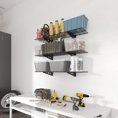 FLEXIMOUNTS 2x8 Overhead Garage Storage Rack, plus 3-Tier 1x4ft Wall Mounted Adjustable Shelving Unit, 450lbs+450lbs Capacity, Heavy-Duty Garage Organizer, Black
