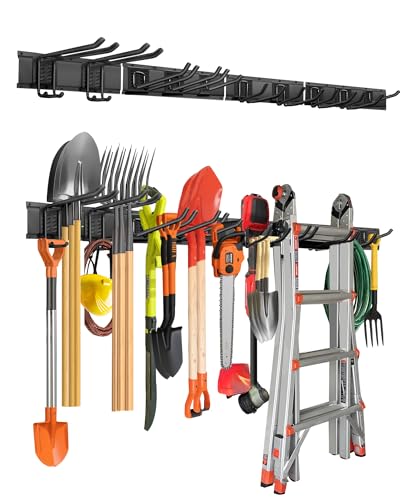 PIYILO 64 inches Garage Tool Organizer Wall Mount, Garden Tool Organizer Rack Heavy Duty, Hanging Storage Organization Racks Holder with 10 Hooks, for Lawn Tools, Shovel, Shed