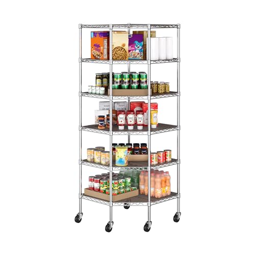 Seville Classics UltraDurable Commercial-Grade 6-Tier NSF-Certified Corner Steel Wire Shelving with Wheels, 28" W x 28" D x 72" H