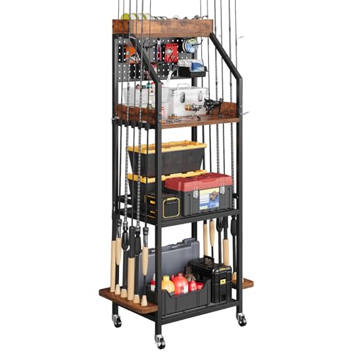 KITIVIALA Fishing Rod Holder for Garage with Hooks & Pegboard, 3-Tier Fishing Pole Rack Holds 12 Rods, Rolling Fishing Rod Storage Organizer with Wooden Tool Box, Fishing Tackle Shelf for Anglers