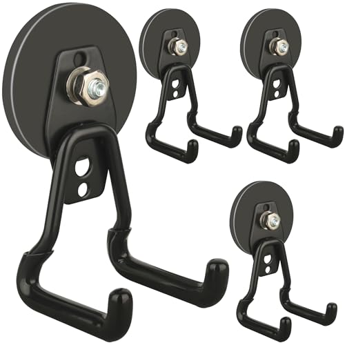 ULIBERMAGNET Upgraded Large Magnetic Hooks,Strong Heavy Duty Magnet Hooks for Power Drill,Broom,Garden Tools,Pegboard,Garage,Workshop,Hardware, 4 Pack Magnet Storage Holder for Hanging(Black)