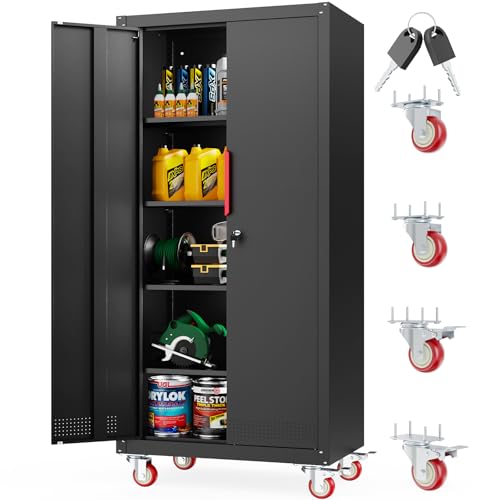 LMTC 71" H Garage Storage Cabinet with 4 Adjustable Shelves and Wheels, Lockable Metal Storage Cabinet for Garage, Home, Warehouse, Assembly Required,Black