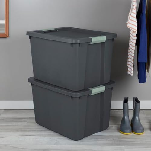 Sterilite 12 Pack 20 Gallon Latch Tote, Stackable Plastic Storage Bin Container, Gray/Green