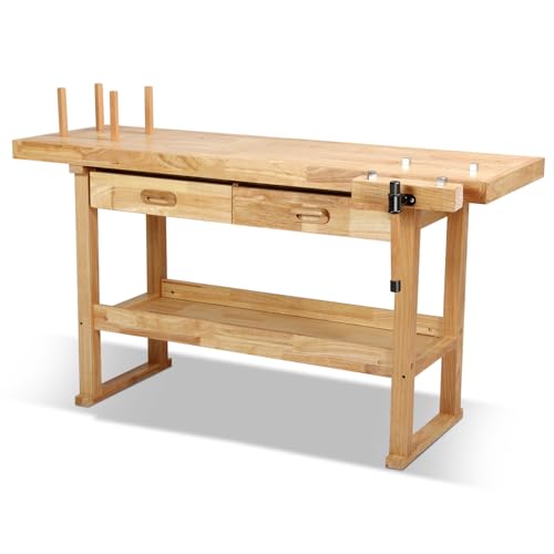 Auto Dynasty 60" Wood Workbench, Heavy Duty Woodworking Bench with Adjustable Handle, 500Lbs Load Capacity Woodworking Table Work Bench with Storage for Garage, Workshop, Home Storage (Natural)