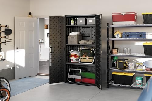 Suncast Mega Tall Storage Cabinet for Garage Organization - 31 Cu. Ft. Lockable Utility Closet with 3 Adjustable Shelves for Garden Supplies & Outdoor Tools, Multi-Wall Resin Construction, Black