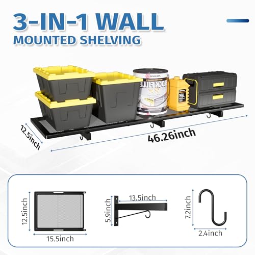 2 Pack Garage Wall Shelving,46"X 12.5" Garage Shelving Wall Mounted,Heavy Duty Garage Storage Rack with 8 Hooks,320 LBS Capacity,Black Metal Floating Organizer Shelves for Laundry,Warehouse (2)