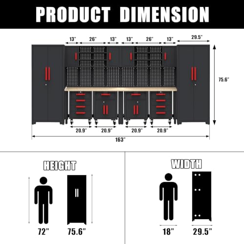 Tsnritor Garage Storage Cabinet System, 12PCS Garage Cabinets and Storage System Kit Workshop Set with Steel Cabinet, Cabinet Drawers, Workbench, Red Handle