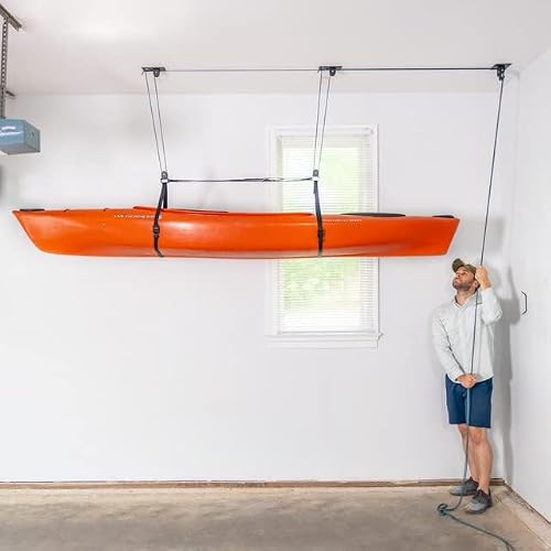 Teal Triangle Pulley Hoist for Kayaks, Canoes, and Paddleboards - Heavy Duty Garage Storage Lift - Kayak Hanger Holds 150 lbs and Fits 10-14 ft Tall Garage Ceilings