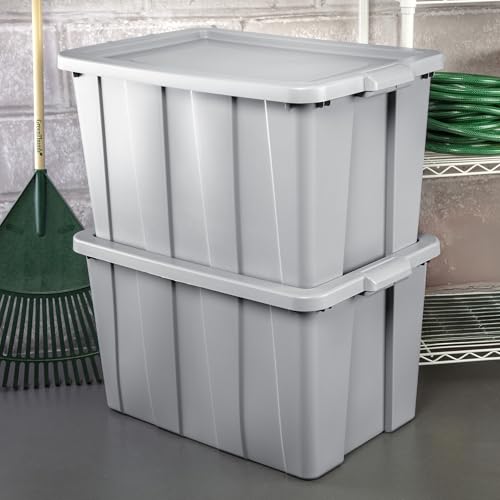 Sterilite Tuff1 30 Gallon Plastic Stackable Temperature and Impact Resilient Basement/Garage/Attic Storage Tote Container Bin with Lid, Gray (16 Pack)