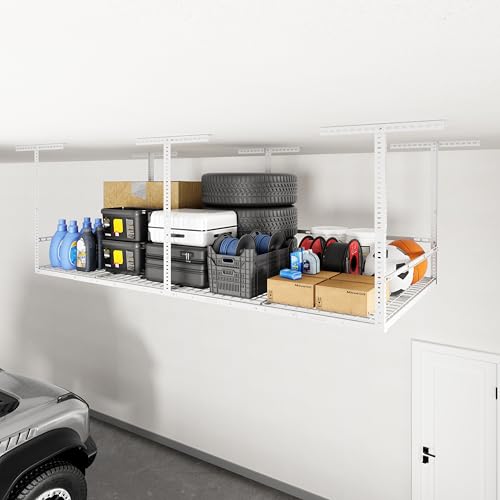 FLEXIMOUNTS 4x8ft Overhead Garage Storage Rack with Safety Rails, White