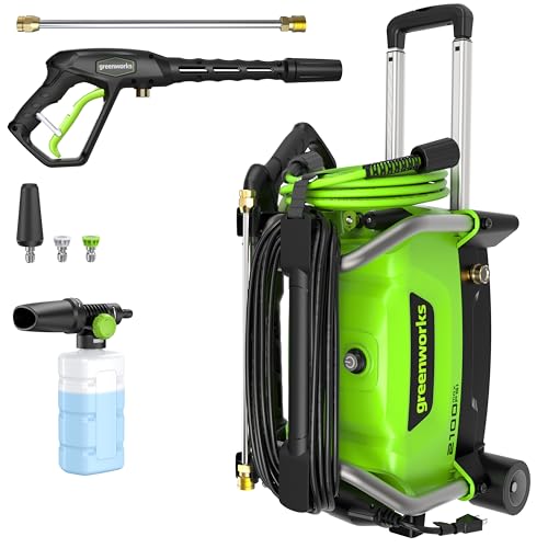 Greenworks 2100 PSI (1.2 GPM) Electric Pressure Washer (25°, 40°, Turbo Nozzle, Soap Applicator) for Use On Decks, Fences, Concrete Patios, Sidewalks & More. Medium-Duty