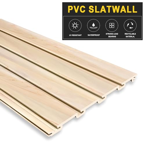 HUZJIEHUI 4'H x 4'W PVC Slatwall Panels Garage Wall Storage System, White Slat Wall Paneling Garage Organizers (Wood Grain, 8x4)